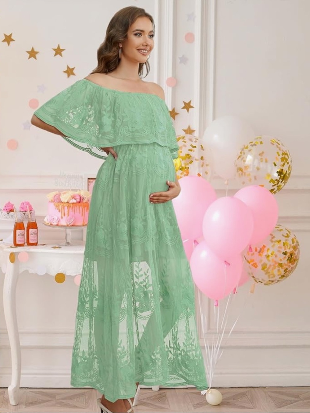 Off-Shoulder Mint Green Lace Maternity Maxi Dress
